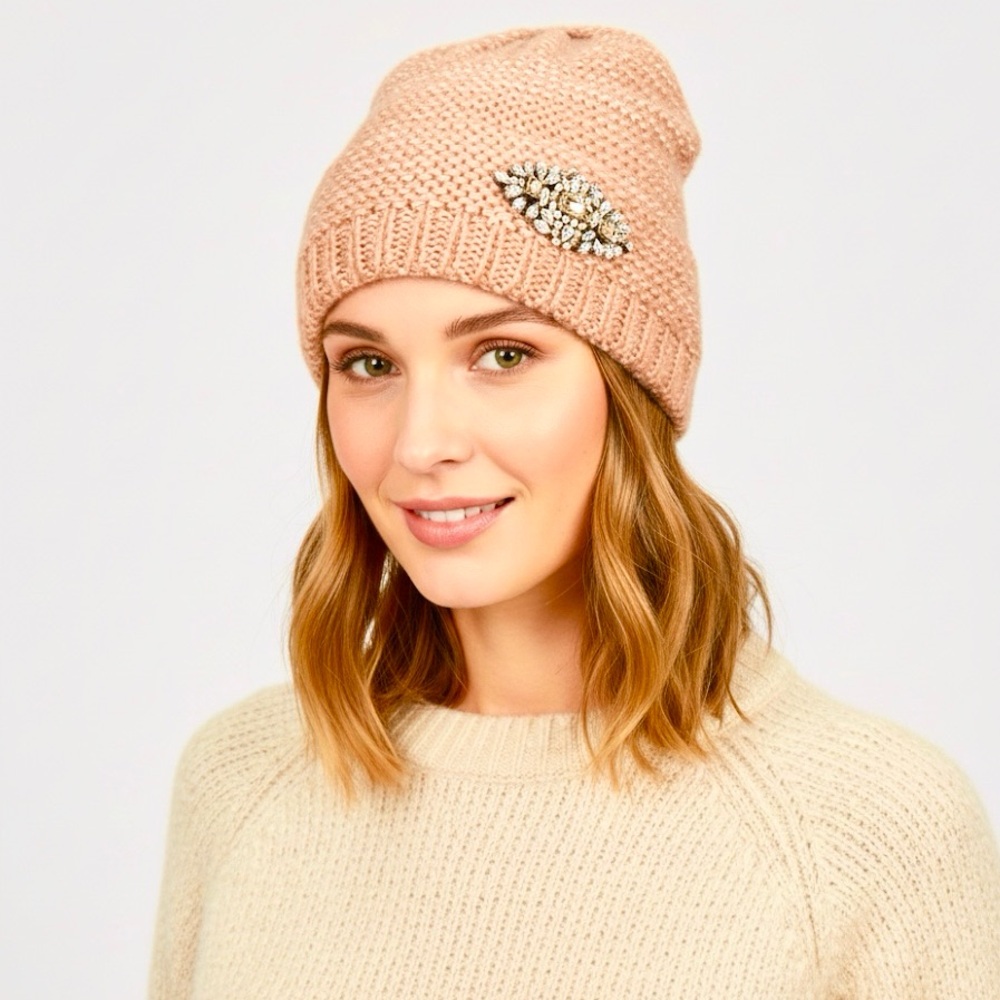 MixIt | Rhinestone Fixed Brooch Bedazzled Bejeweled Cap Marled Knit Hat Beanie